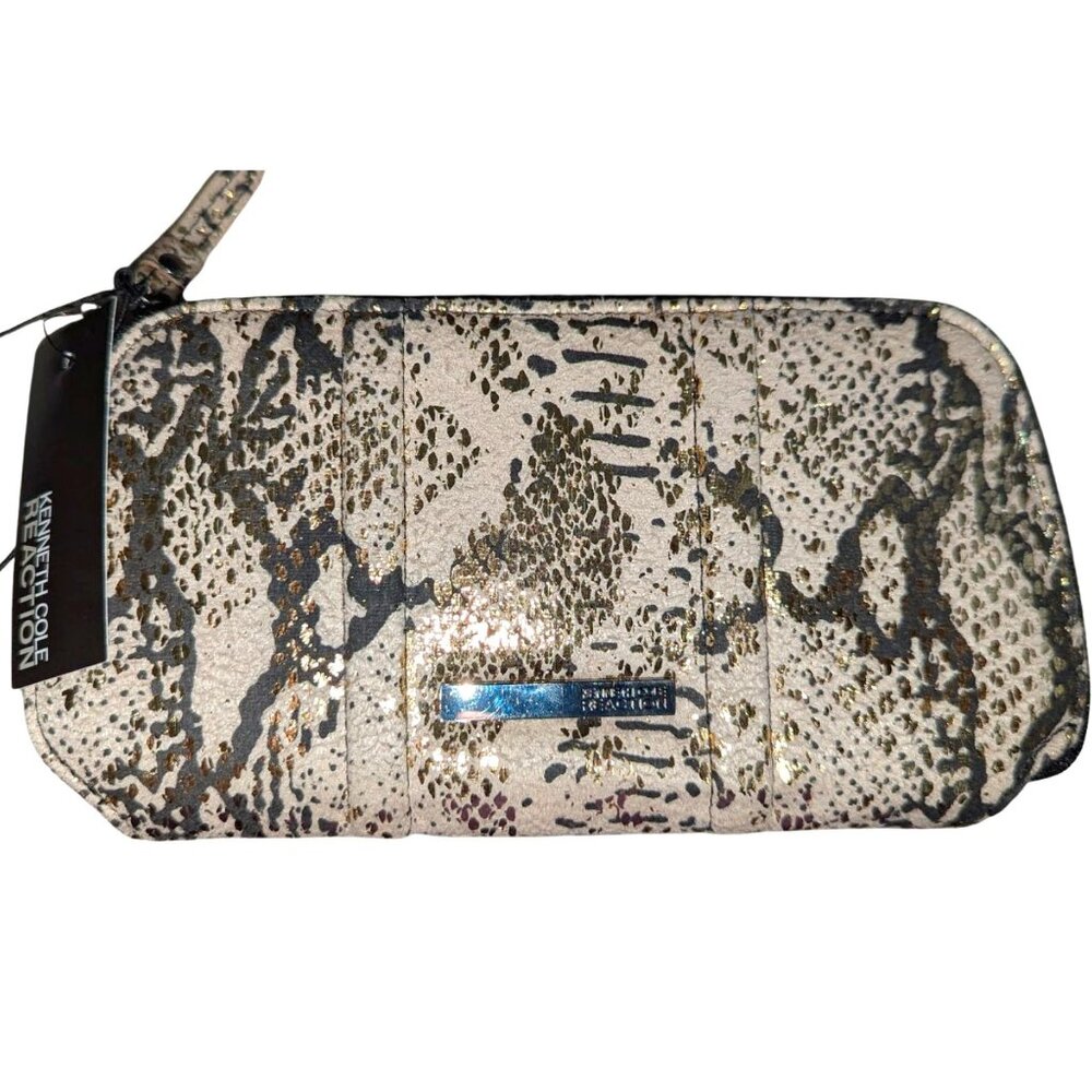NEW! KENNETH COLE REACTION Wristlet CLUTCH WALLET $56 FAUX Snakeskin TAN Gold